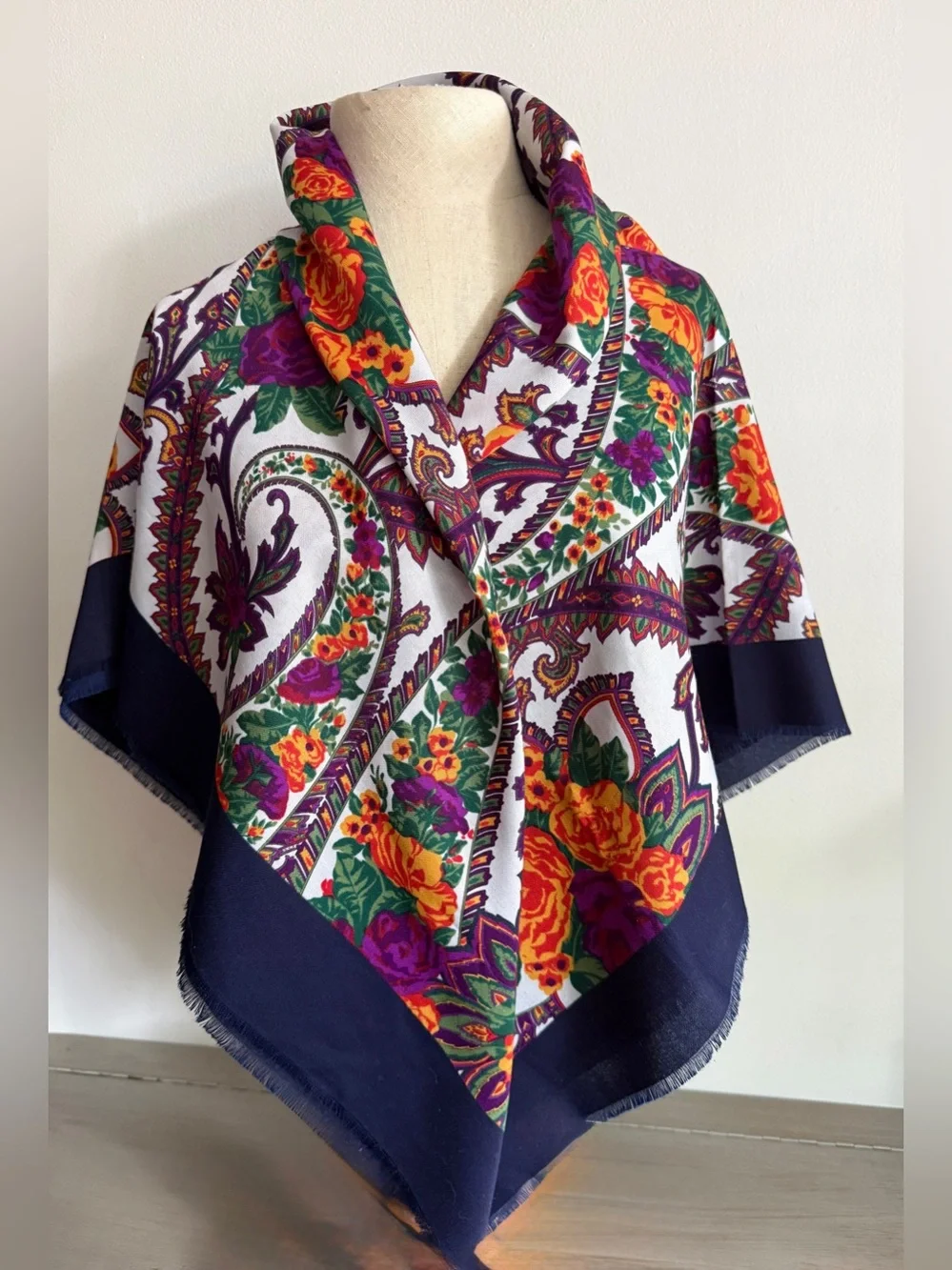 Vintage CHALLIS by Berkshire Floral Paisley Scarf Wrap Navy Multi 45